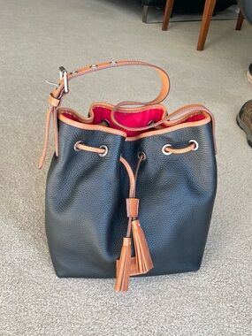 Dooney and Bourke Black Leather Bucket Bag with Tan Trim